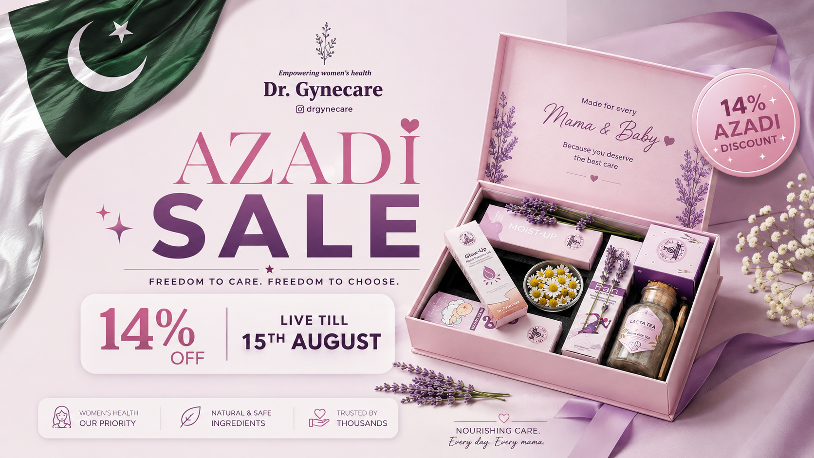 Promotional banner for Dr. Gynecare featuring a pink 'Mama and Baby' nuching care gift set with lavender and herbal items, alongside a Pakistani flag, 'Azadi Sale' text, and discount details.