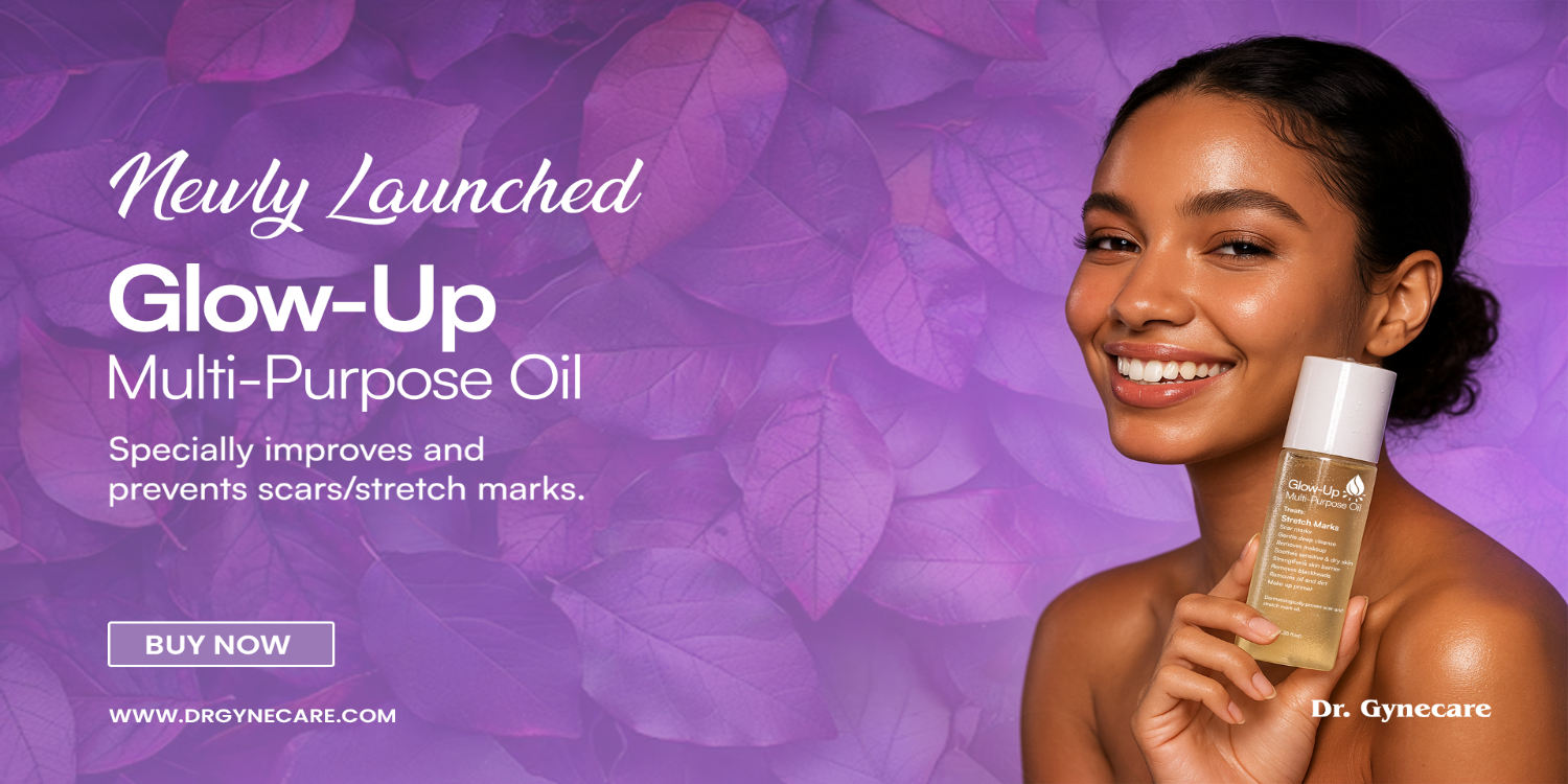 Advertisement for Dr. Gynecare Glow-Up Multi-Purpose Oil with a woman holding the product against a purple leafy background.